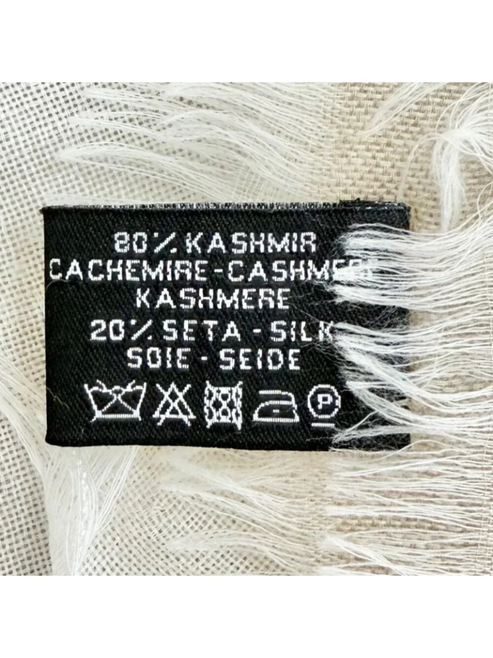 Chanel Cashmere Silk CC Logo Quilted Pattern Mini Fringe Shawl Beige Ivory Scarf